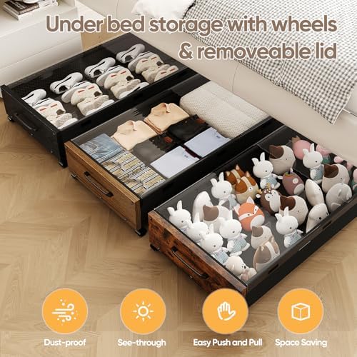 KITHELP Wooden Under Bed Storage with Wheels, Rolling Under the Bed Storage Bins with Removable Lid, Metal Under Bed Drawers for Clothes and Shoes in Bedroom or Living Room(Black Wood-2pack) - Image 6