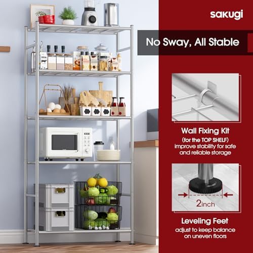 Sakugi Storage Shelves - 5 Tier Shelf Organizer, Heavy Duty Garage Shelving Unit with Leveling Feet, Stable Metal Shelves Organizer for Pantry, Kitchen and Closet, 33.0" W x 12.6" D x 72.0" H, Silver - Image 5