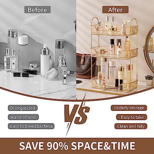 Akinbas 3 Tier Bathroom Organizer Countertop Makeup Perfume Tray Skincare Organizer for Bathroom Dresser Vanity (Gold) - Image 4