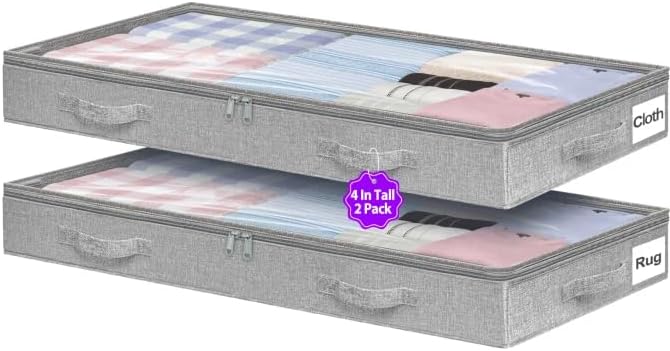 4-in Low Profile Under Bed Storage, No Structure, 2-Pack, Gray | 4" Ultra-Slim, Clear Lid, Reinfoced Handles & Smooth Zips, Dustproof & Waterproof, for Low Bed, Couch, Crib Storage by Boailydi