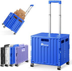 Folding Utility Cart with Lid, Portable Rolling Crate Handcart Collapsible Shopping Trolley, Durable Plastic Foldable Tool Basket with 4 Rotate Wheels for Grocery, Office, Luggage, School - Blue by Dkenicor