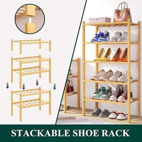 Smiry Bamboo Shoe Rack, 8 Vertical Slats, 2 Tier - 17.3" Wide, Natural - Image 4