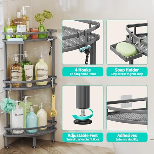 HapiRm Standing Corner Shower Caddy - 3 Tier Shower Organizer Corner with Soap Holder and 4 Hooks, Rustproof Bathroom Storage Shelves with Adhesives, Grey - Image 2