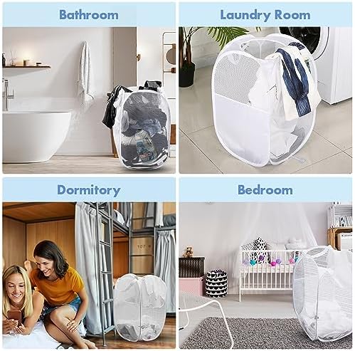 2 Pack Pop Up Laundry Hampers, 70 L Collapsible Foldable Mesh Basket, White - Image 7