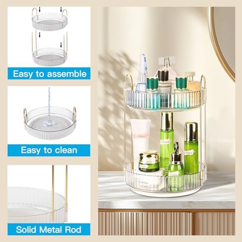 360 Rotating Makeup Organizer - Large Capacity Spinning Perfume & Cosmetic Skincare Holder for Countertop (Pearl White, 2 Tier) - Image 4