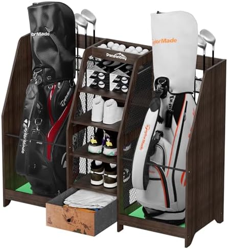Golf Bag Storage Organizer Holds 2 Golf Bags for Garage - Wooden Rack by Ponsonbay