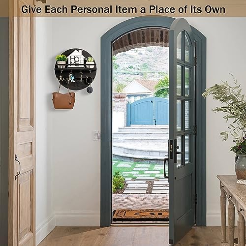 dreampossible Key Holder for Wall Decorative with Shelf and Hooks, Mail Organizer Wall Mount, Circular Design Entryway Key Rack Hanger, Rustic Home Decor (Black) - Image 2