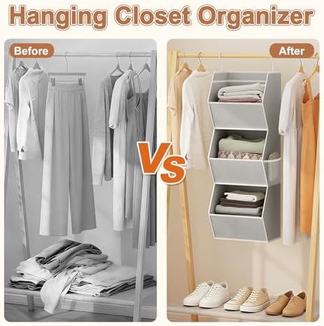 Closet Hanging Organizer with Pockets, 3 Shelf Hanging Clothes Organizers | Kids Closet Organizers and Storage for Clothes Fabric Hanging Storage Bins for Wardrobe Closet Organization and Storage, Grey - Image 6