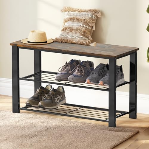Simple Houseware Wooden Top Shoe Rack Bench for Entryway, Rustic Brown - Image 2