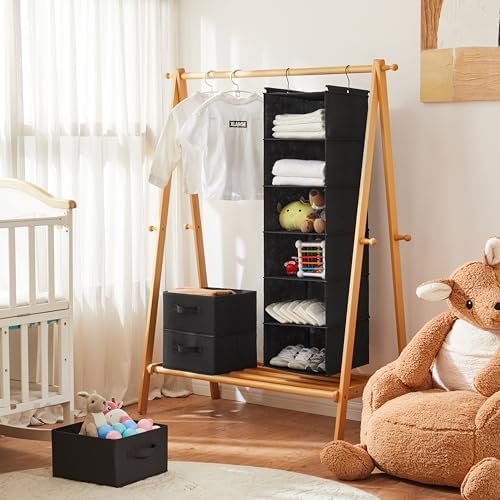 MAX Houser 6 Tier Foldable Hanging Closet Organizer with Hooks, Black-D3 | foldable lightweight fabric closet storage with 3 Drawers, space-saving design for Bedroom, Closet Hanging Shelf for Storage - Image 2