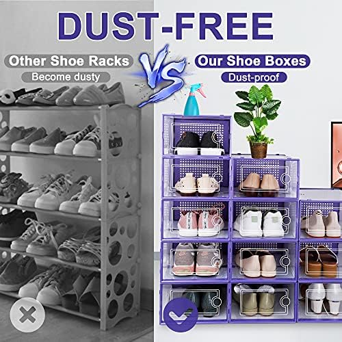 Kuject Large Shoe Organizers Storage Boxes for Closet, 12 Pack Clear Plastic Stackable Storage Bins with Lids, Under Bed Shoe Containers for Entryway, Drop Front, Fit up to Women's Size 10,Purple - Image 4