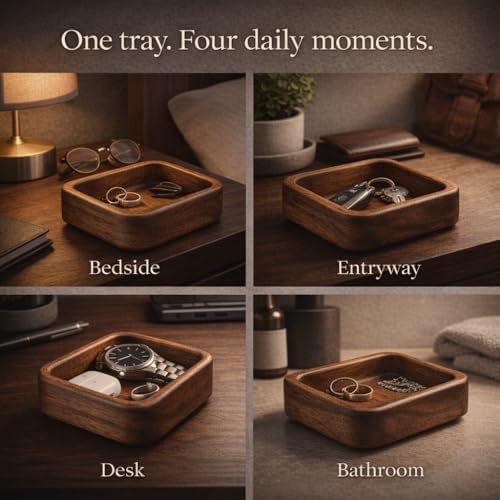Walnut Wood Ring Tray 3.86 Inch, Mini Valet Tray for Daily Carry, Solid Wood Drop Zone for Keys Watch Jewelry, Bedside Desk Entryway Catchall - Image 7