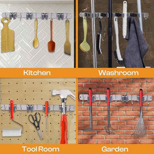 Stainless Steel Broom Holder Wall Mount, 4 Racks & 5 Hooks - Image 7