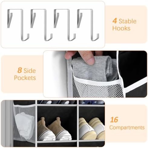 Yecaye 16-24 Pairs Over the Door Shoe Organizer, Large Capacity Hanging Shoe Rack for Door Hanger with Deep Pockets, 8 Tier Shoe Holder for Sneakers Boots Heels College Dorm Essentials, Black - Image 4