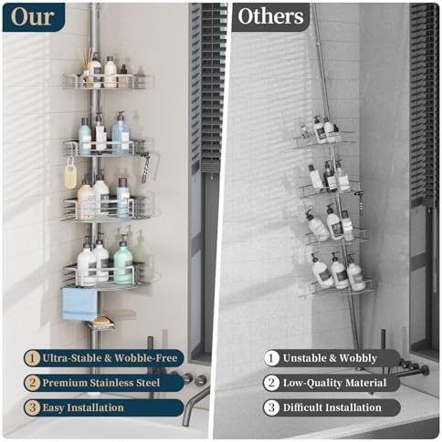 Consumest Corner Shower Caddy Tension Pole - Rustproof Shower Shelves with Towel Bar & Soap Holder, Adjustable Bath Organizer for Bathroom Storage, 27.6-108.3 inch, Silver - Image 2