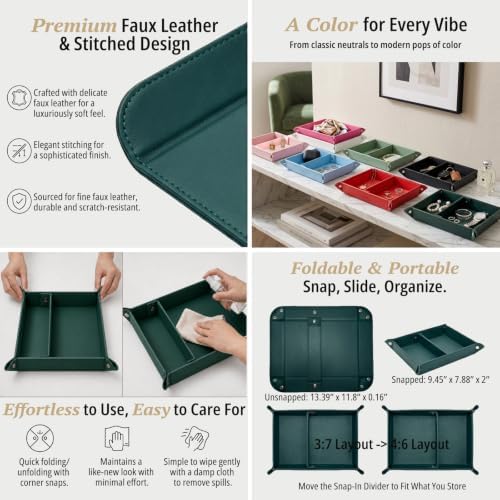 UnionBasic Medium Valet Tray, Jewelry Tray for Rings Watches Earrings, Entryway Catchall Caddy for Coins Keys Change, Nightstand Bedside Valet Holder, Trays for Electronic Gadgets, Vintage Green Plus - Image 2