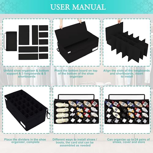Luvhomee Shoe Storage Organizer, Fits 24 Pairs, Large Shoe Organizer Box for Closet, Clear Foldable Shoes Containers w/Bottom Support, Space Saving Shoe Cubby Storage Boxes w/Reinforced Handles, Black - Image 6