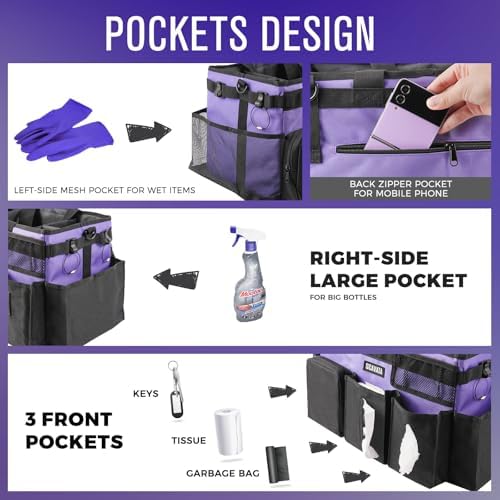 SCAVATA Wearable Cleaning Caddy Bag, Cleaning Caddy Supplies Organizer with Handle & Shoulder Straps for Housekeepers, Under Sink & Car Cleaning Tool Organizers with 4 Foldable Divider (Purple) - Image 2