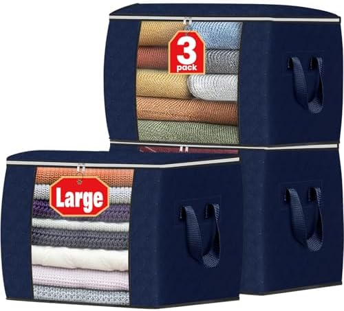 Fab totes 90L Clothes Storage, Foldable Thick Fabric Blanket Storage Bags | Foldable Containers with Zippers,Window and Handles for Organizing Bedroom, Closet, Comforter, Bedding,Dorm essentials by Fabtotes