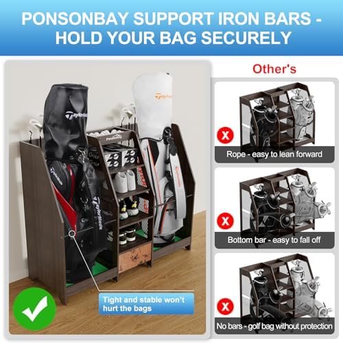 Golf Bag Storage Organizer Holds 2 Golf Bags for Garage - Wooden Rack - Image 5