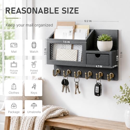FifthQuarter Key Hooks for Wall with Drawer and 6 Sturdy Key Hooks, B-Black - Image 2