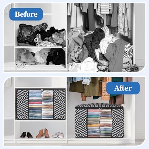 100L 6 Pack Storage Bags, Foldable Clothes Bins with Clear Window, Black | Blanket Storage Containers with Reinforced Handles for Bedding, Comforters, Clothing, Quilts and Closet Organization - Image 4