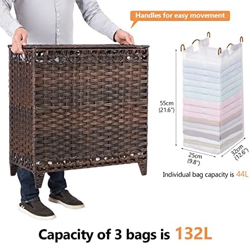 Laundry Hamper with 3 Removable Liner Bags, 132L Laundry Sorter with Lid - Image 4
