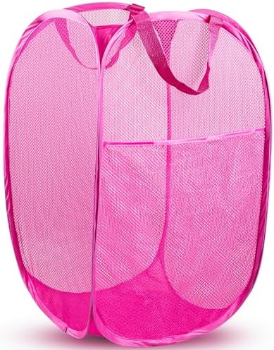 Pop Up Laundry Hamper, 70 L Collapsible Mesh Basket with Side Pocket, Pink by Unknown