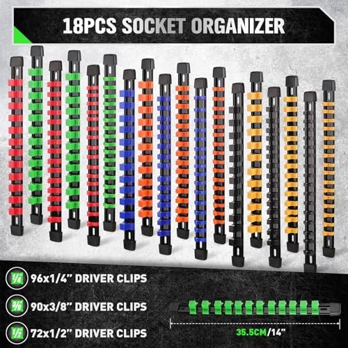 22-Piece Socket Organizer & Magnetic Wrench Organizer Set, 1/4", 3/8", 1/2" Drive Socket Holder, Total 64 Slots Metric & SAE Magnetic Wrench Holder (Socket, Wrenches not Included) - Image 2