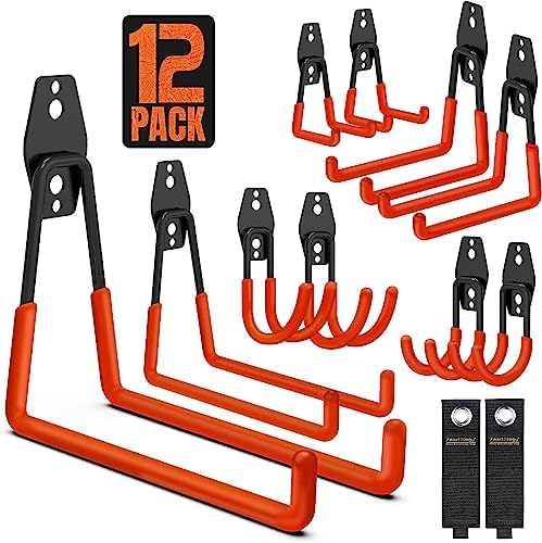 Garage Hooks, 12 Pack Wall Storage Hanger with 2 Extension Cord Straps, Heavy Duty Tool Holder for Utilities Organization, Wall Mount Rack for Garden Lawn Tools, Ladders, Bike, Ski (Orange) by SMARTOLOGY
