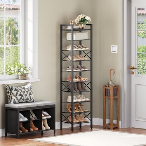 YATINEY 10-Tier Narrow Shoe Rack, Tall Shoe Rack for 10-20 Pairs, Slim Shoe Storage Organizer with Wooden Top, Space Saving, Metal Frame, for Entryway, Charcoal and Black SS68BC - Image 4