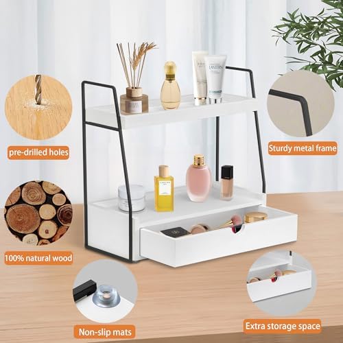 2-Tier Bathroom Countertop Organizer with Drawer, Wood Vanity Shelf White - Image 6