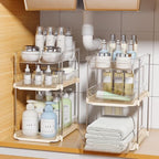 Delamu 2 Pack 3-Tier Bathroom Under Sink Organizers and Storage, Multi-Purpose Stackable Pantry Organization and Storage, Pull Out Clear Kitchen Bathroom Cabinet Organizer with Movable Dividers, Beige by DELAMU