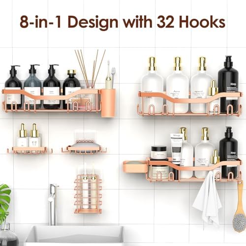 NESOMI Shower Caddy Adhesive Shower Organizer 8-Pack, Rustproof Stainless Steel Bathroom Shelves, Large Capacity No-Drill Rack Storage Accessories with Soap Dish Toothbrush Holder Hooks - Image 4