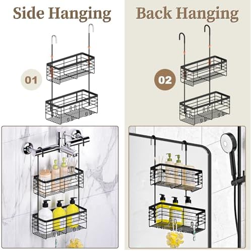 DELLAN 2-Tier Shower Hanging Caddy, Shower Rack with Hooks, Black - Image 3