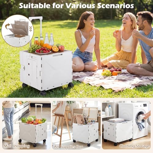 Goplus Foldable Utility Cart, Portable Rolling Crate Handcart with 4 Rotate Wheels, Telescoping Handle, Lid & Cup Holder for Travel, Shopping, Luggage, Grocery, Office & Teacher (White) - Image 2