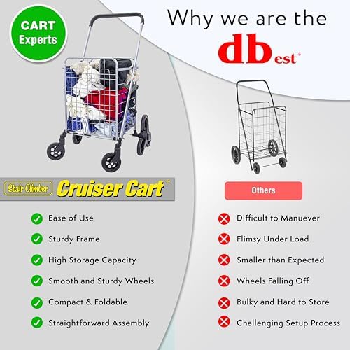 dbest Products Stair Climber Cruiser Cart Shopping Grocery Rolling Folding Laundry Basket on Wheels Foldable Utility Trolley Compact Lightweight Collapsible, Silver - Image 5