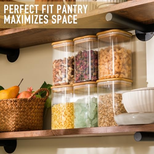 D2scrma 37oz Airtight Glass Square Storage Canisters with Bamboo Lids Set of 6 (1100ml) Striped Stackable Containers, Decorative Kitchen Jars for Tea, Nuts and Coffee (‎with Black Lable) - Image 5