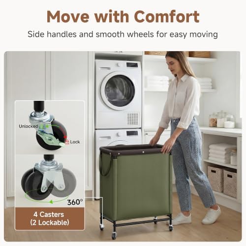 StorageWorks 2 Section Laundry Hamper, 100L Green Sorter Cart with Wheels - Image 3