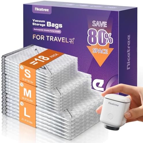 Nicetree 18-Pack Vacuum Bags for Travel with Rechargeable Pump, 3 Sizes by Nicetree