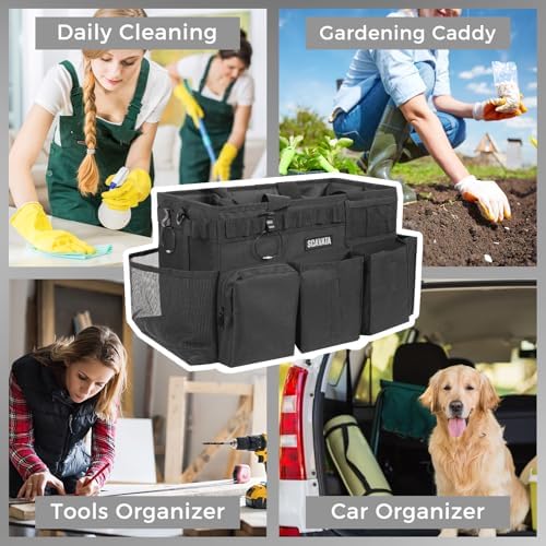 SCAVATA Wearable Cleaning Caddy Bag, Supplies Organizer with Handle & Shoulder Straps for Housekeepers, Under Sink & Car Cleaning Tool Organizer with 4 Foldable Dividers (Black) - Image 2