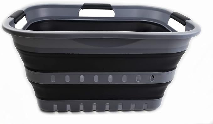 SAMMART 30L (8 Gallon) Collapsible 3 Handled Plastic Laundry Basket - Foldable Pop Up Storage Container/Organizer - Space Saving Hamper/Basket (Grey/Black) by SAMMART