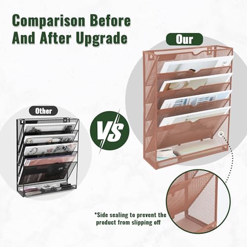 EASEPRES 6 Tier Mesh Hanging Wall File Organizer, Desk Vertical Mail Paper Document Folder Holder Rack with Bottom Tray and Nametag Label for Office Home School, Brown - Image 3