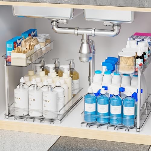 Yieach 2 Pack 14.5″ Deep Pull Out Under Sink Organizer,10.8″ High 2 Tier Slide Out Cabinet Organizer for Kitchen Cabinet,Undersink Organizers,Under Sink Shelves,Bathroom Organizers and Storage,Clear by Yieach