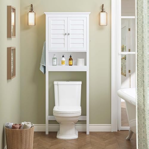 Spirich Over The Toilet Storage Cabinet with Louvered Doors & Hooks, White - Image 6