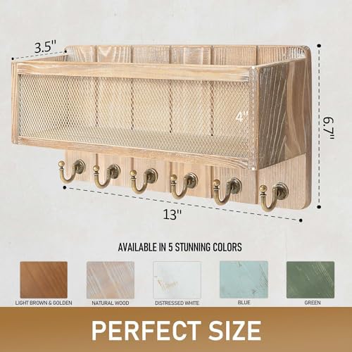 Rebee Vision Key Holder Wall Mount with Mail Basket for Home, Natural Wood - Image 2
