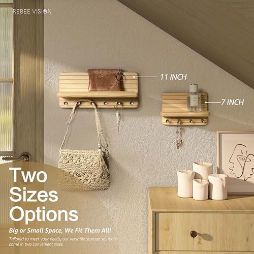 Rebee Vision Key Holder Wall Mount with Shelf for Entryway, Natural Wood - Image 5