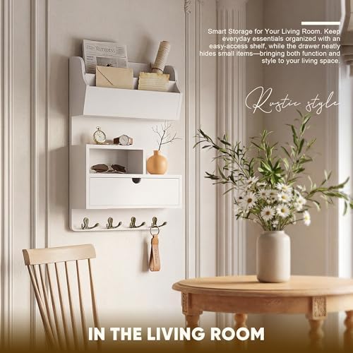 Rebee Vision Pine Wood Key Holder Wall Mount with Shelf & Drawer, White - Image 4