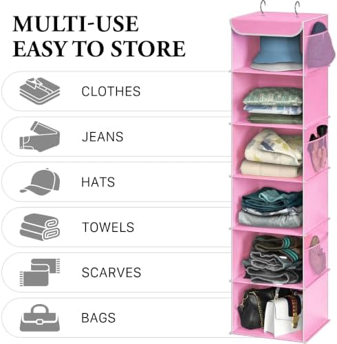 Simple Houseware 6 Shelf Hanging Closet Organizer, Pink | 360° Rotating Dual Hooks, Top Support Metal Frame, 6 Side Mesh Pockets - Image 5
