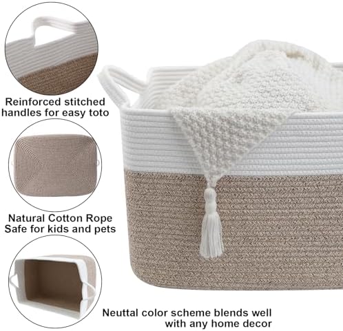 65L Laundry Basket with Handles, Woven Blanket Basket, White/Brown - Image 3
